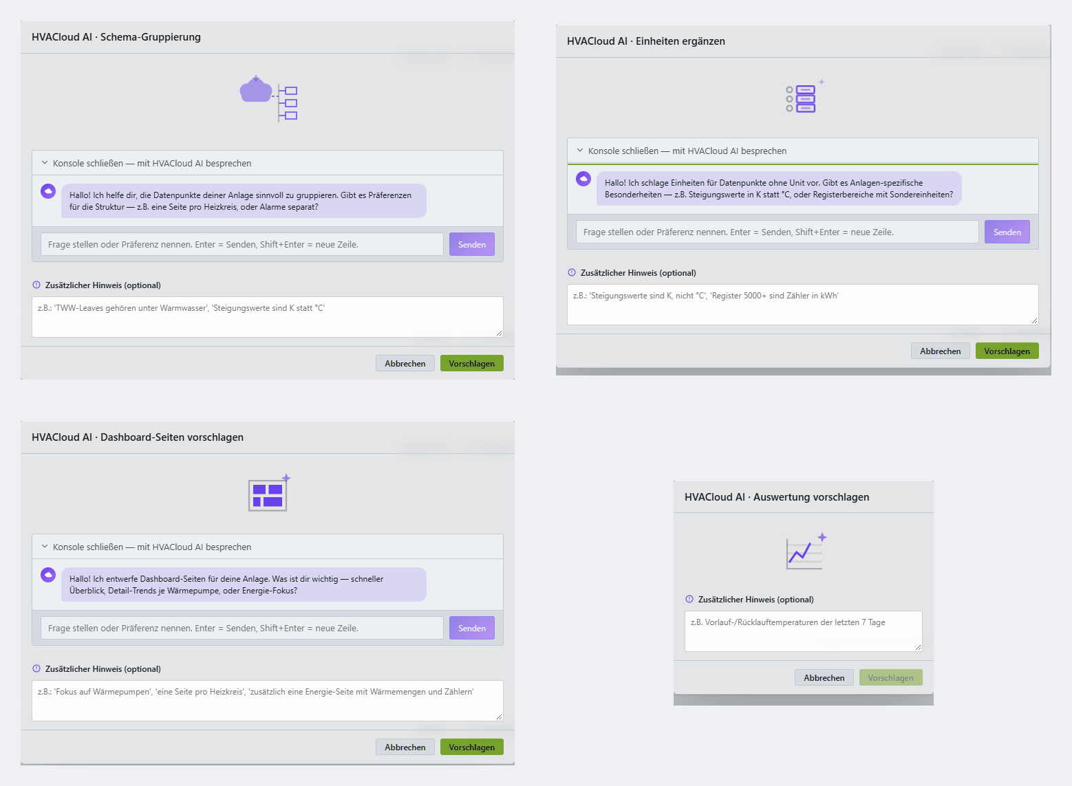 Four dialogues side by side: schema grouping, filling in units, proposing dashboard pages and proposing an analysis. Each with a question from the assistant, an input field and a propose button.