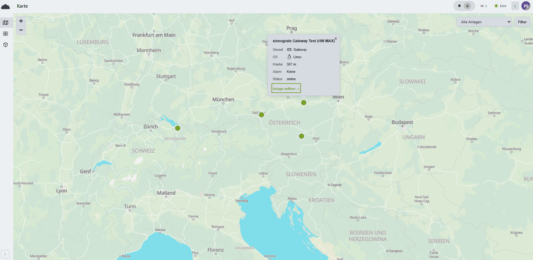 The map: plants as green dots across Austria, Switzerland and southern Germany, one opened with device, operating system, altitude, alarm state and a link into the plant.